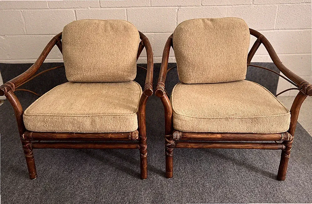 1970s McGuire Hollywood Regency Style Bamboo Rattan Lounge Chairs - Set of 2