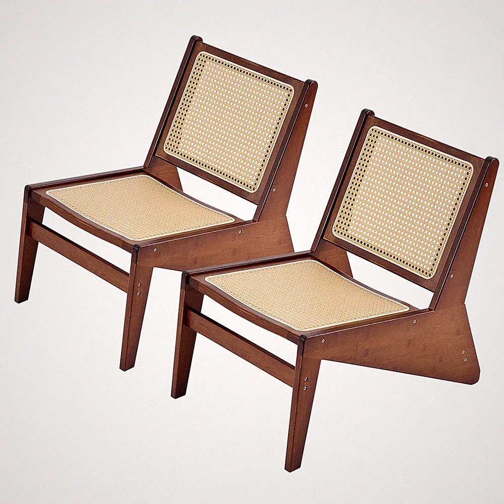 2-Pcs Mid Century Rattan Accent Chair, Bamboo Wood Lounge Chair with Woven Ca...