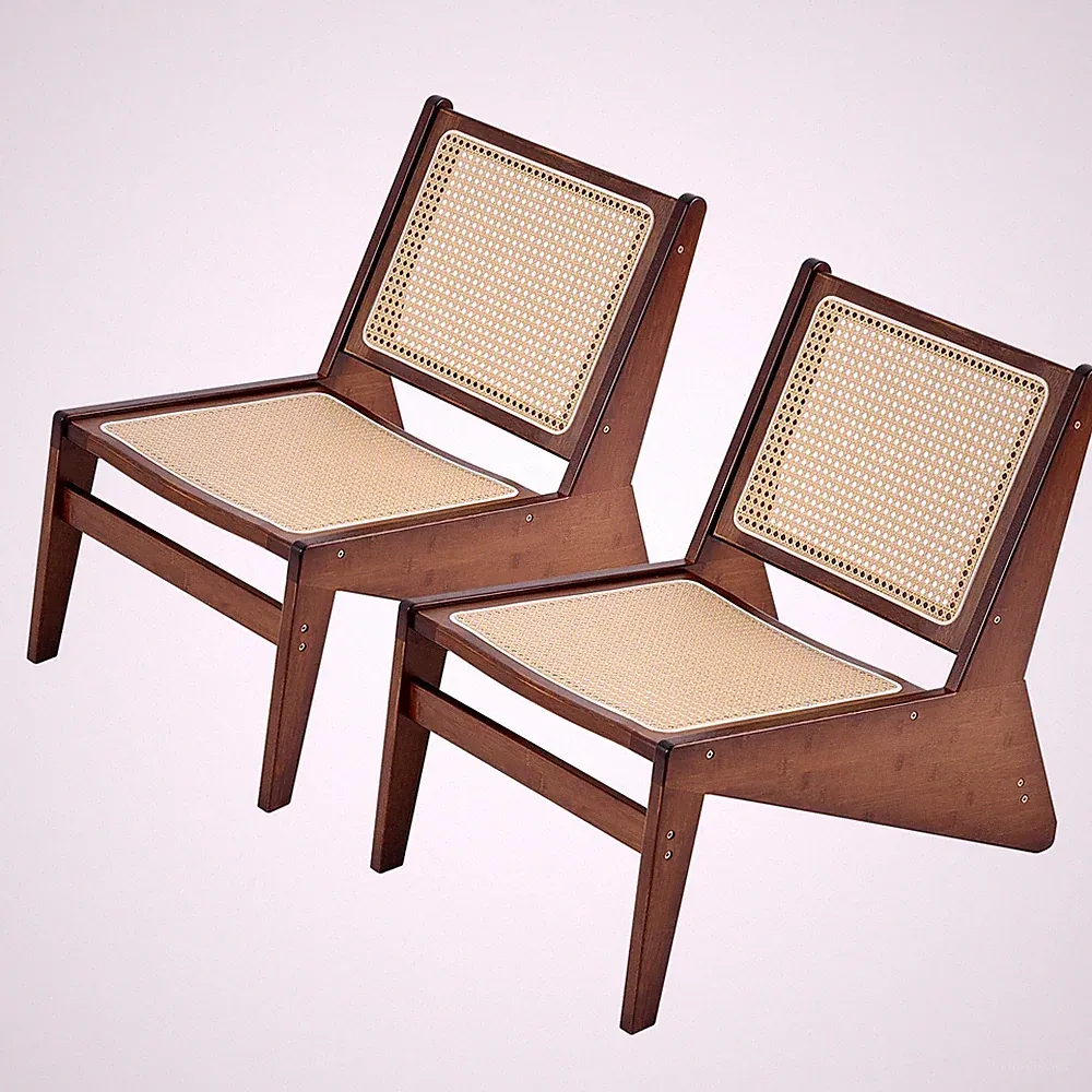 2-Pcs Mid Century Rattan Accent Chair, Wood Lounge Chair with Woven Cane Back...