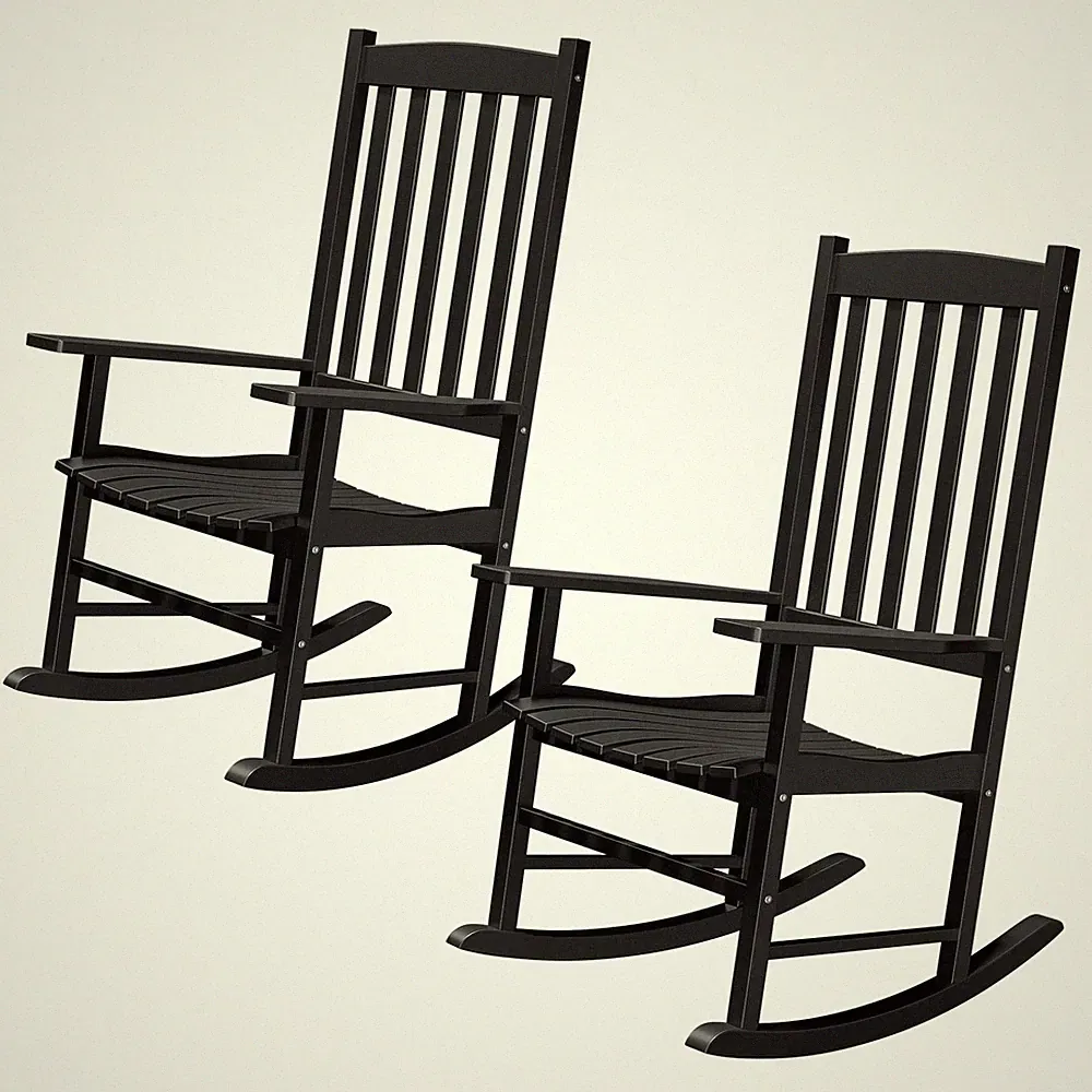 2PCS Wood Rocking Chair for Porch High Back Cushion Waterproof Indoor Outdoor