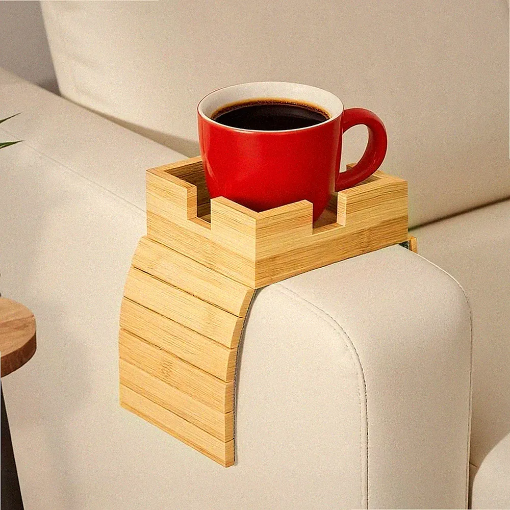 Bamboo Couch Cup Holder - Non-Slip Couch Armrest Tray for Recliner, Loveseat...