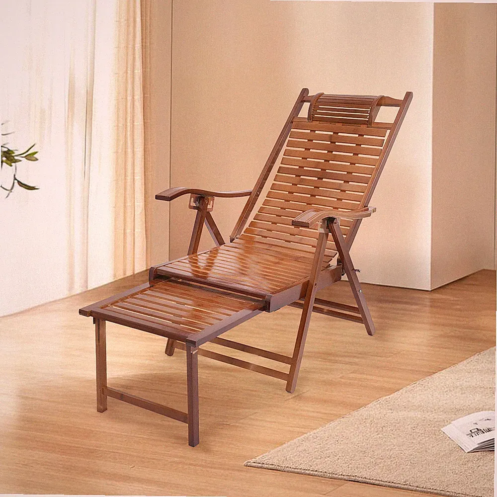 Bamboo Folding Lounge Chair, Folding Reclining Chair with Adjustable Backrest