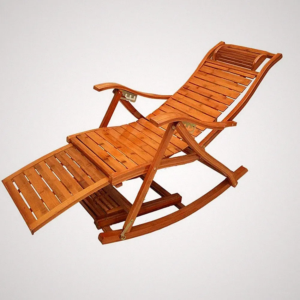 Bamboo Rocking Chair Adjustable Folding Recliner Summer Outdoor Sun Loungers Arm