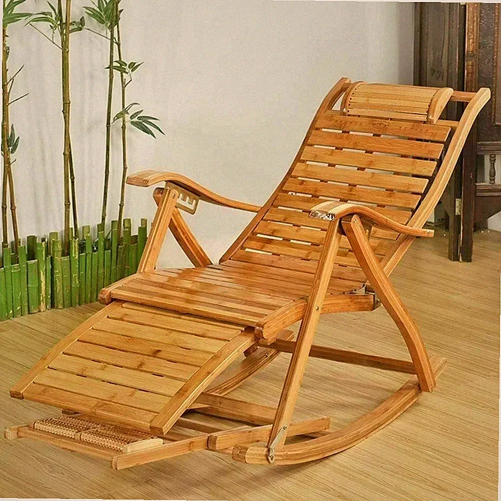 Bamboo Rocking Chairs Sun Lounger Recliners Outdoor Brown Classic Wood Reclining