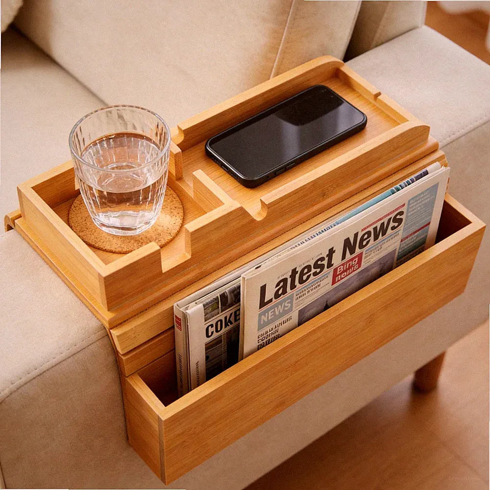 Bamboo Sofa Armrest Tray for Couches Without End Tables, Non-Slip Couch Armre...