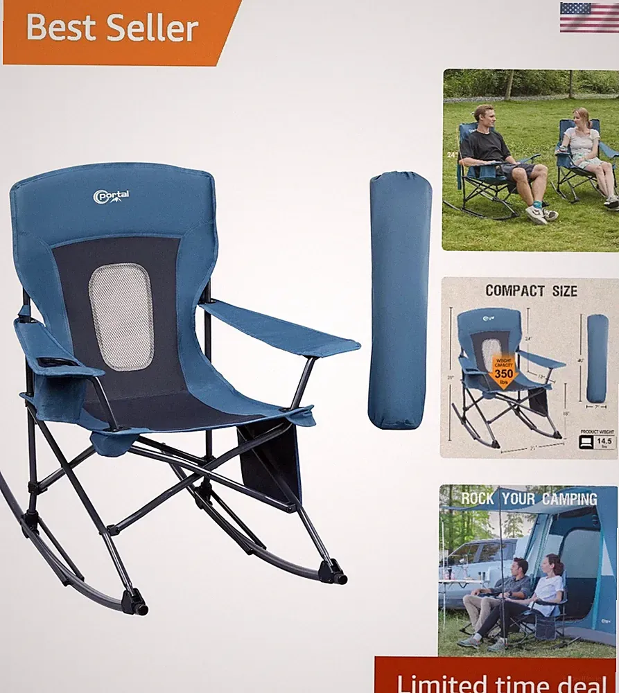 Comfortable Mesh Back Portable Rocking Chair with Cup Holder, Ideal for Outdoors