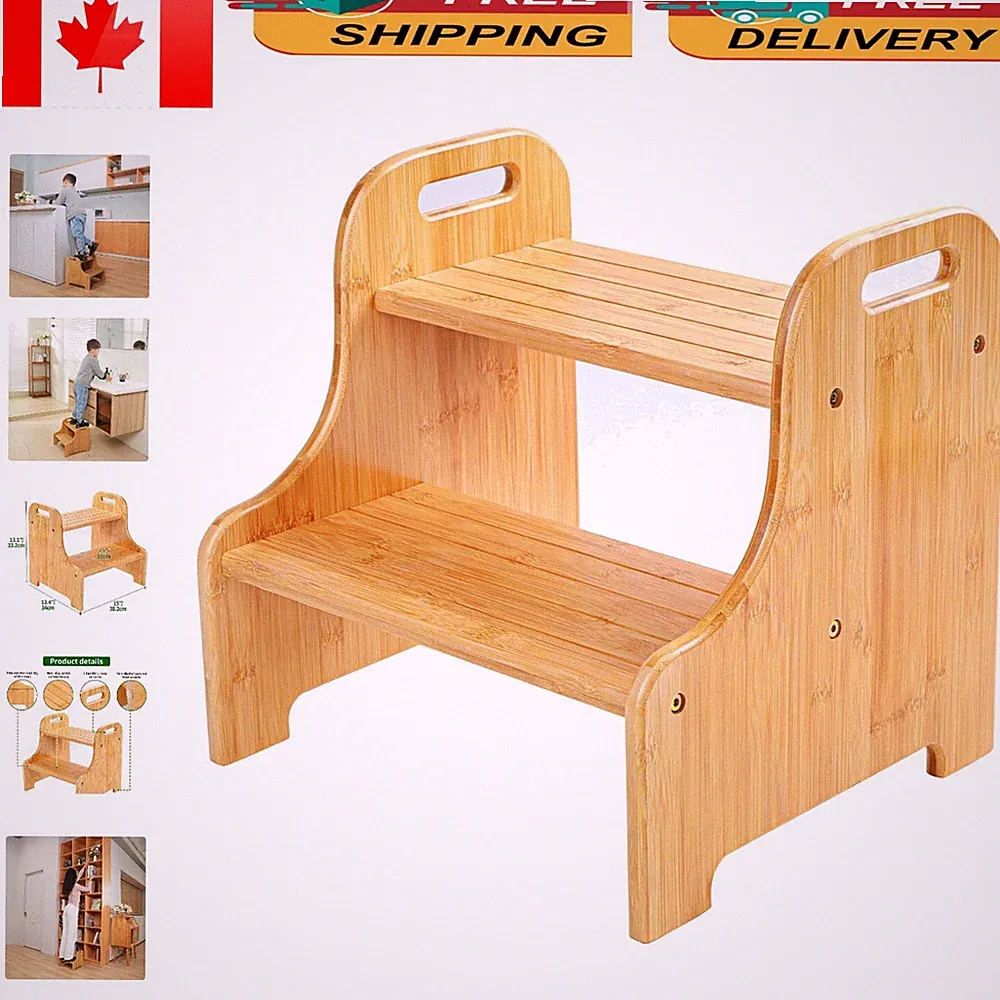 Eco-Friendly Bamboo 2-Step Stool with Cutout Handles & Slip Resistant Treads