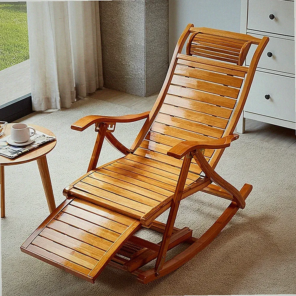 Foldable Rocking Chair Bamboo Arm Chair Indoor Outdoor Balcony Footrest Headrest