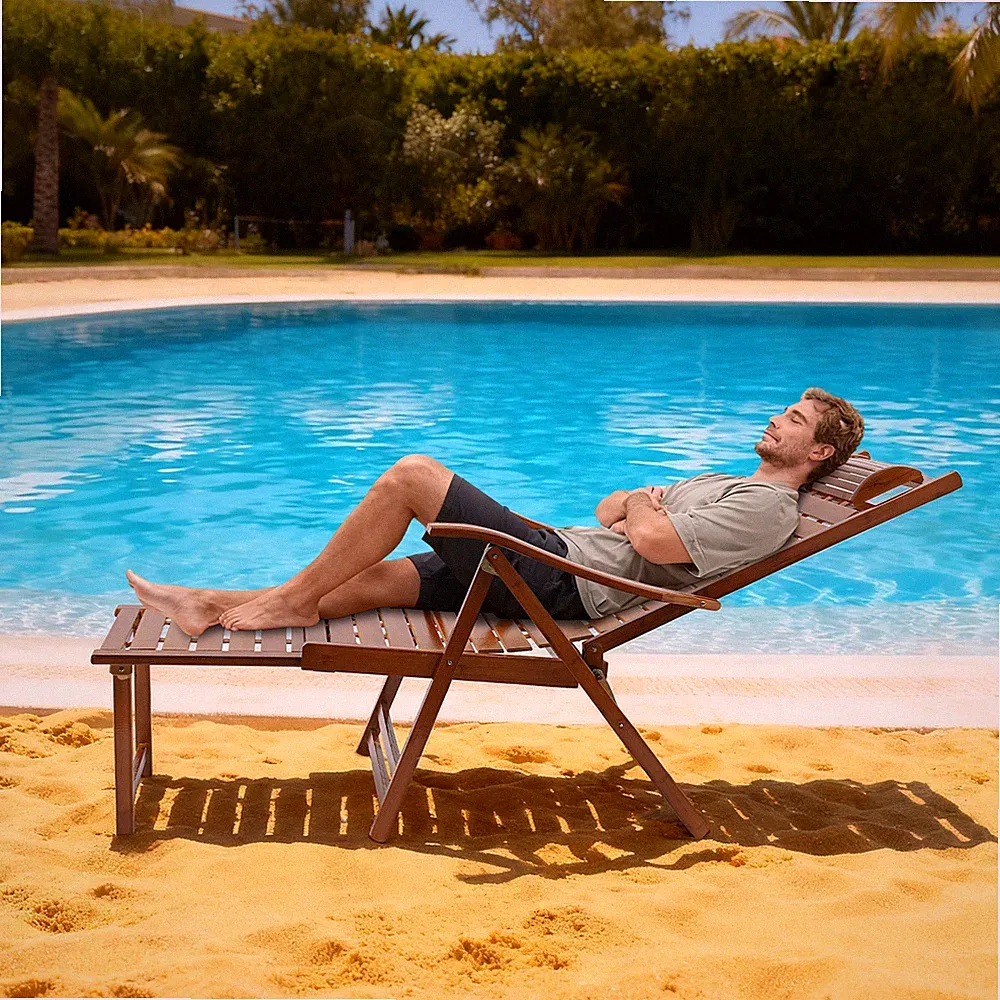 Folding Reclining Chair w/Adjustable Backrest Bamboo Lounge Chair w/Cushion ?