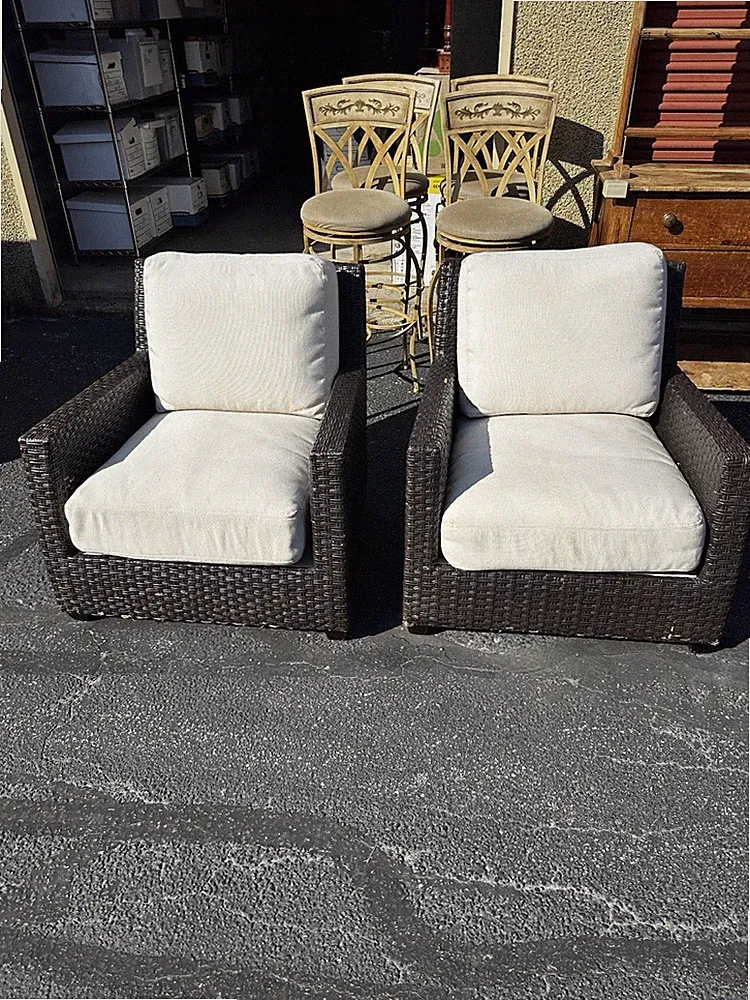 High End Pair McGuire San Francisco Stick Reed Modern Rattan Lounge Armchairs