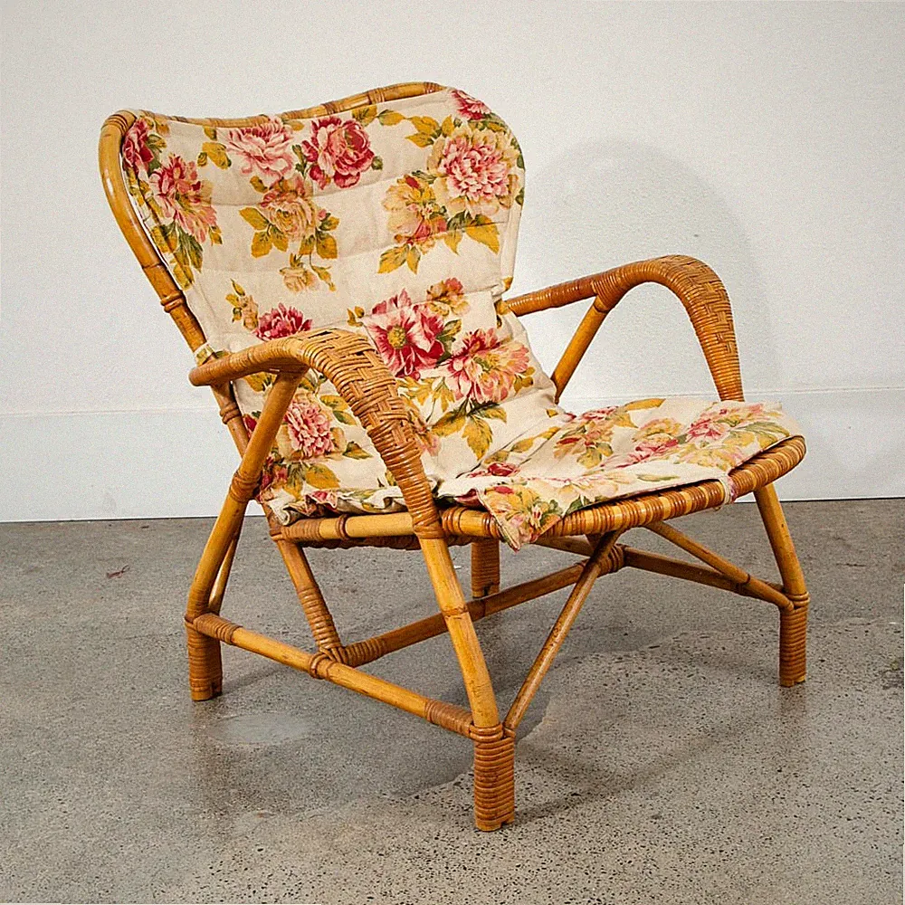 Mid Century Modern Lounge Chair Flroal Bamboo Boho Danish Basket Wrapped Weave