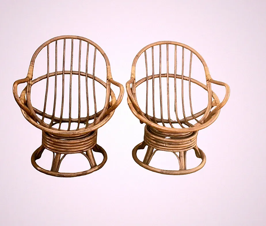 Mid-Century Paul Frankl Style Modern Bamboo Rattan Egg Swivel Lounge Chairs Pair