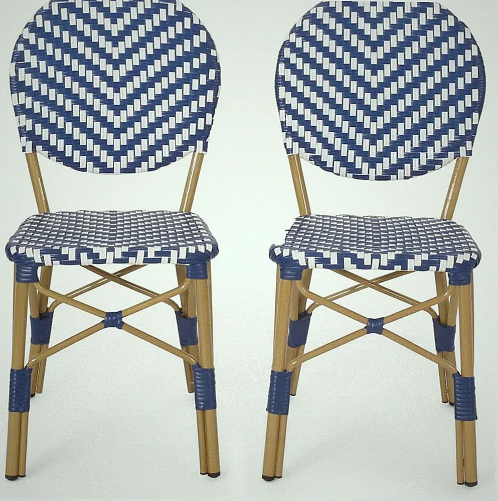 Navy Blue & White Bistro Chair with Bamboo Finish for Outdoor Elegance
