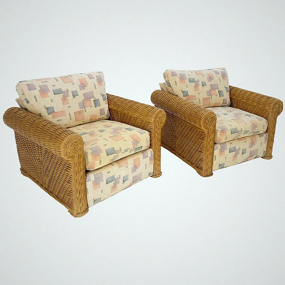 Pair Decorative c1970s Oversize Rttan Bamboo Wicker Club Lounge Chairs Mint!