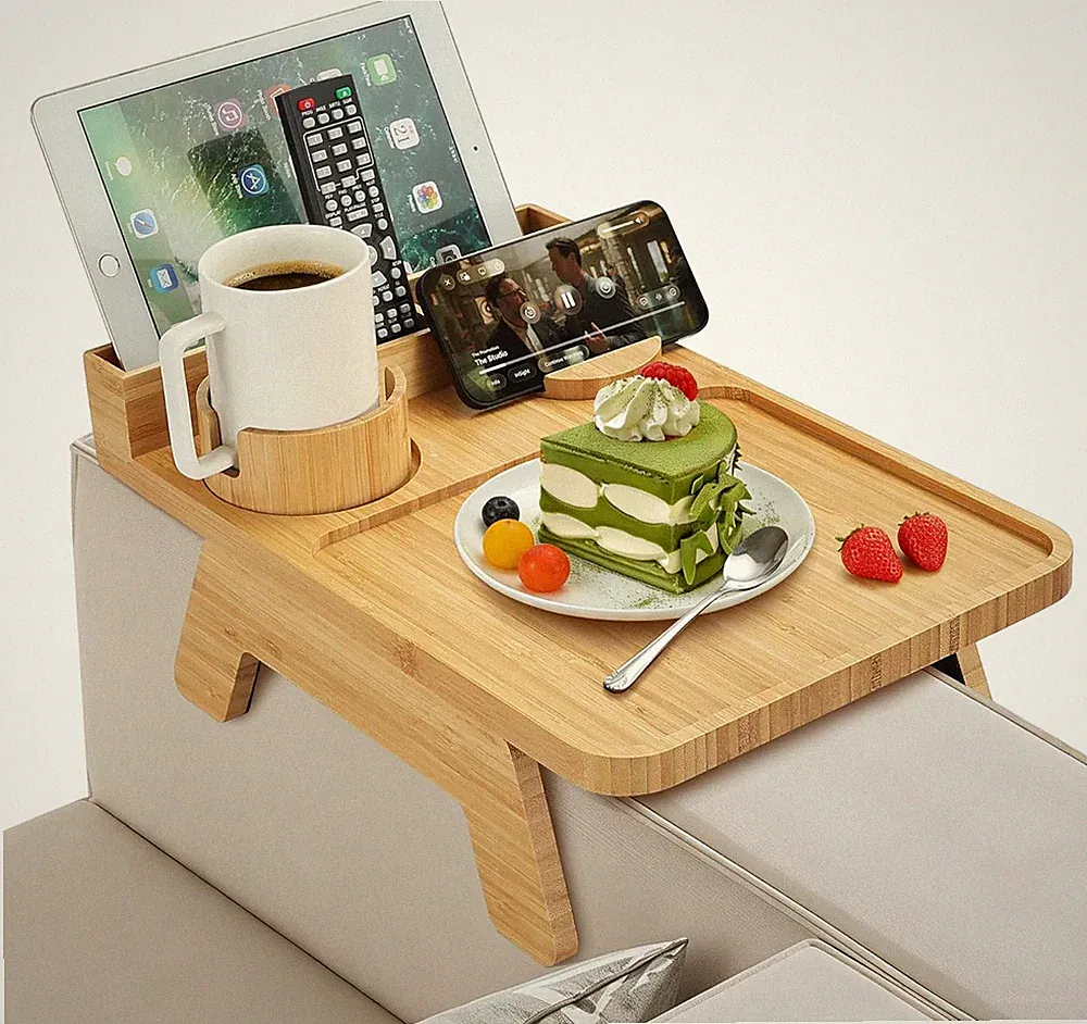 Premium Bamboo Sofa Arm Tray - Couch Armrest Table with Cup Holder, Phone Stand