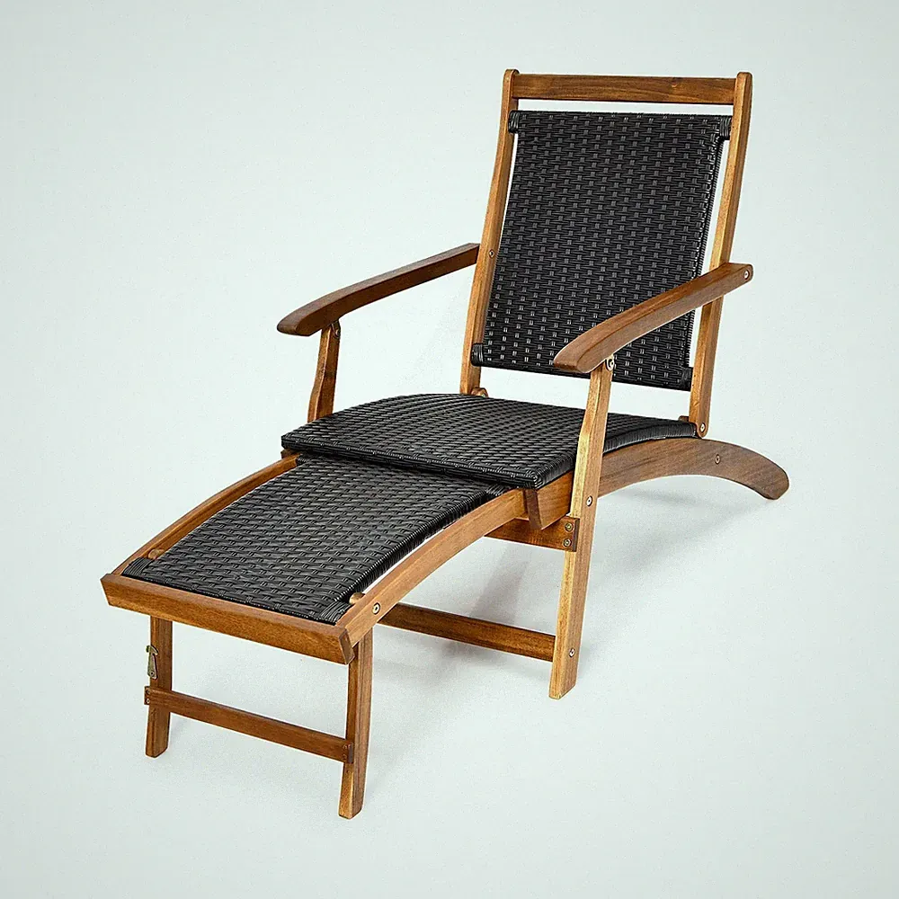 RELAX4LIFE Patio Chaise Lounge Chair - Acacia Wood Folding Rattan Wicker Chai...