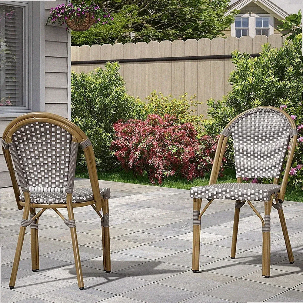 Set of 2 French Hand-Woven Wicker Bistro Chair Grey Indoor Outdoor
