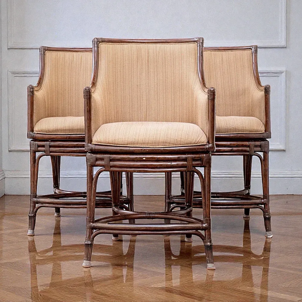Set of 3 Vintage Rattan Bamboo Barrel Back Chairs Hollywood Regency Coastal