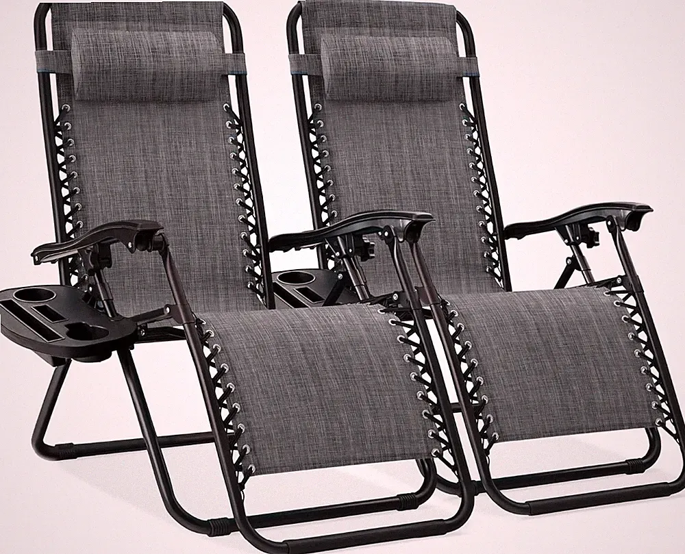 Set of Adjustable Steel Mesh Zero Gravity Lounge Chair Recliners W/Pillows and