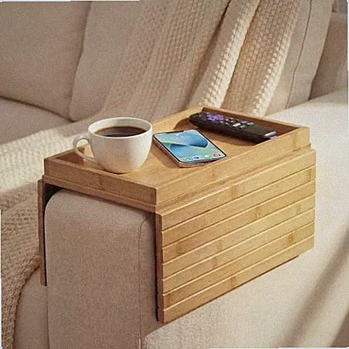 Sofa Arm Tray, Foldable Bamboo Couch Armrest Table with Large Natural Bamboo