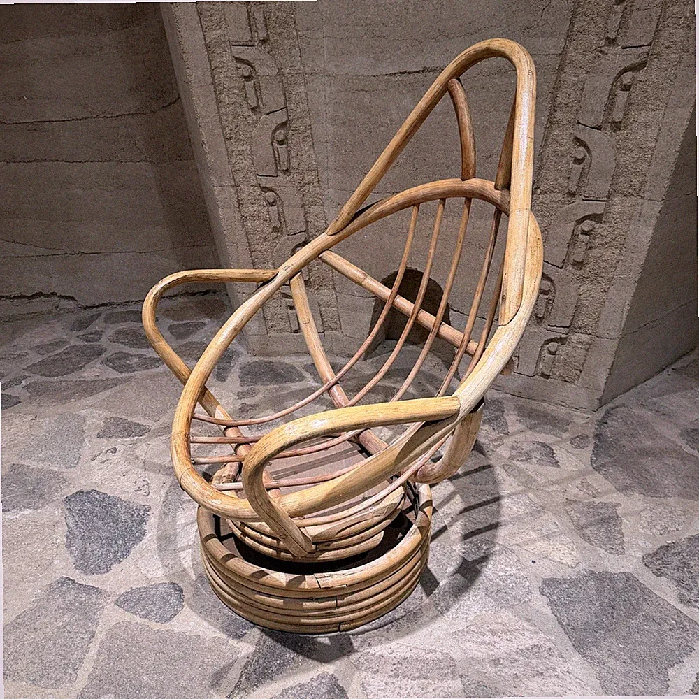 Swivel Bucket Lounge Chair on Stacked Rattan Bamboo Pedestal Base Mid Century