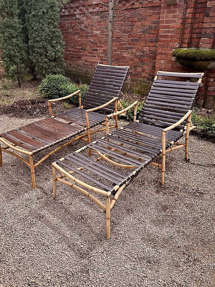 Vintage Aluminum Faux Bamboo Chinese Chippendale Patio Chaise Lounge Pair