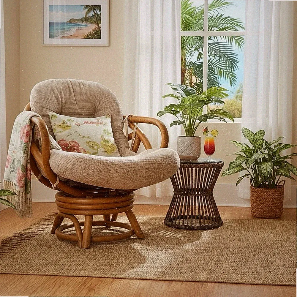 Vintage Mid Century Rattan Swivel Chair Compact Bamboo Lounge Chair