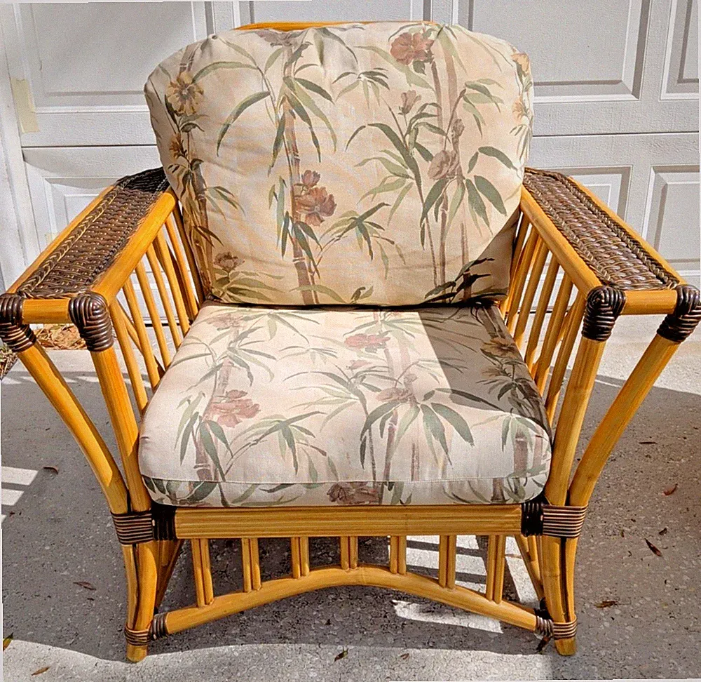 Williamsburg Bamboo Rattan Bentwood Lounge Arm Chair Boho Chic Tropical Cushions